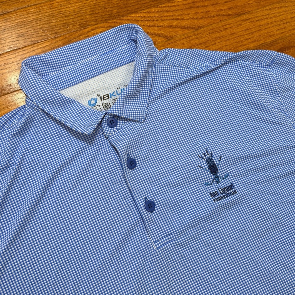 IBKUL Long Sleeve Polo Golf Shirt Mens 2XL Blue Gingham Check UPF 50+ Stretch